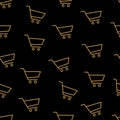 Seamless vector pattern with gold outline icons of shopping carts isolated on black