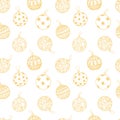 Pattern with a golden pattern of fur-tree toys on a white background. decoration balls decorated with graphic ornaments Royalty Free Stock Photo