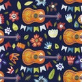 Seamless vector pattern with guitar and flowers.