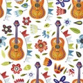 Seamless vector pattern with guitar and flowers.