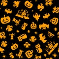 Seamless vector pattern for Halloween design. Halloween symbols: pumpkin, spider, death in cartoon style. Vector Illustration