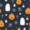 Seamless vector pattern for Halloween with pumpkins and ghosts. Hand drawn design in children`s style. Cute cartoon pattern for