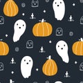Seamless vector pattern for Halloween. Pumpkins and ghosts. Hand drawn design in children`s style. Cute cartoon pattern for