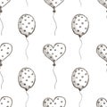 Seamless vector pattern with hand drawn air balloons on the white background. Royalty Free Stock Photo