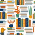 Seamless vector pattern with hand drawn books and home plants. Background of large stacks of books, cacti and succulents. Royalty Free Stock Photo