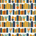 Seamless vector pattern with hand drawn books and home plants. Background of large stacks of books, cacti and succulents. Royalty Free Stock Photo