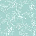 Seamless vector pattern with hand drawn branches, leaves, flowers and cute birds isolated on blue green background. Design for Royalty Free Stock Photo