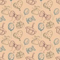 Seamless vector pattern with hand drawn colorful air balloons, bows, gifts, cake, candy on the beige background. Royalty Free Stock Photo