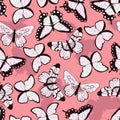 Seamless vector pattern with hand drawn colorful butterflies, pink background Royalty Free Stock Photo