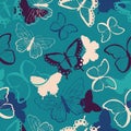 Seamless vector pattern with hand drawn colorful butterflies, silhouette vibrant