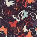 Seamless vector pattern with hand drawn colorful butterflies, silhouette vibrant