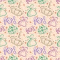 Seamless vector pattern with hand drawn colorful gifts, cake, candy on the pink background. Royalty Free Stock Photo