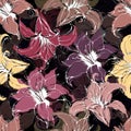 Seamless vector pattern with hand drawn colorful lilies and leaves isolated on black background. Floral design template for print Royalty Free Stock Photo