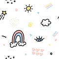 Seamless vector pattern. Hand drawn doodle rainbow heart sun cloud, cute trendy texture design, fabric textile, wrapping Royalty Free Stock Photo