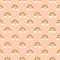 Seamless vector pattern of hand drawn doodle rainbow of warm autumn pastel color palette white clouds on peachy pink background Royalty Free Stock Photo