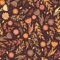 Seamless vector pattern with hand drawn floral elements, branches, leaves and flowers on brown background. Autumn illustration for Royalty Free Stock Photo