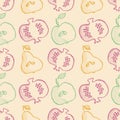 Seamless vector pattern with hand drawn fruits. Background with pomegranates, apples, pears Royalty Free Stock Photo