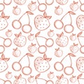 Seamless vector pattern with hand drawn fruits. Background with strawberries and cherries.