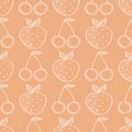 Seamless vector pattern with hand drawn fruits. Background with strawberries and cherries.