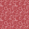Seamless vector pattern with hand drawn fruits. Background with strawberries and cherries.