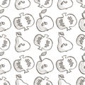 Seamless vector pattern with hand drawn fruits. Black and white Background with pomegranates, apples, pears