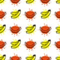 Seamless vector pattern. Hand drawn fruits illustration of banana and watermelon with splash and drop, on the white background Royalty Free Stock Photo