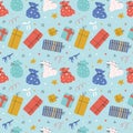 Seamless vector pattern with hand-drawn giftboxes, surprise bags and presents
