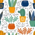 Seamless vector pattern with hand drawn home plants. Background of cacti, succulents and flowers. Scandinavian decorative textiles