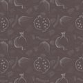 Seamless vector pattern with hand drawn pomegranates, leaves and scribbles on the dark grey background. Royalty Free Stock Photo