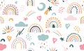 Seamless vector pattern with hand drawn rainbows and sun. Trendy baby texture Royalty Free Stock Photo