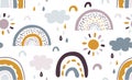 Seamless vector pattern with hand drawn rainbows and sun