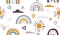 Seamless vector pattern with hand drawn rainbows and sun Royalty Free Stock Photo