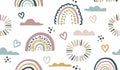 Seamless vector pattern with hand drawn rainbows and sun. Trendy baby texture Royalty Free Stock Photo