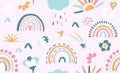 Seamless vector pattern with hand drawn rainbows and sun. Trendy baby texture Royalty Free Stock Photo