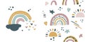 Seamless vector pattern with hand drawn rainbows and sun. Trendy baby texture Royalty Free Stock Photo