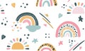 Seamless vector pattern with hand drawn rainbows and sun. Trendy baby texture Royalty Free Stock Photo
