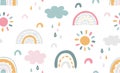 Seamless vector pattern with hand drawn rainbows and sun Royalty Free Stock Photo