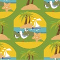 Seamless vector pattern with hand drawn sailing yachts and seagulls. Summer bright background for fabric design.