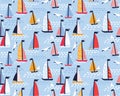 Seamless vector pattern with hand drawn sailing yachts and seagulls. Summer bright background.