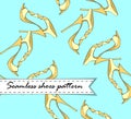 Seamless vector pattern of hand drawn shoes. Yellowon blue