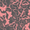 Seamless vector pattern with hand drawn silhouette butterflies, pink and gray Royalty Free Stock Photo