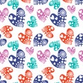 Seamless vector pattern with hearts. Background with colorful hand drawn ornamental symbols on the white. Decorative repeating Royalty Free Stock Photo