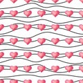 Seamless vector pattern with hearts on a striped background in watercolor style.