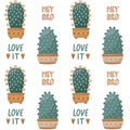 Seamless vector pattern with home plants: cactus and succulents and tags
