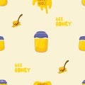 Seamless vector pattern of honey jar, wooden spoon, lettering 100 honey, honey streaks. Cartoon, flat style. Use for Royalty Free Stock Photo