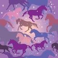 Seamless vector pattern with horses on purple background