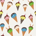 Seamless vector pattern of Ice Cream. Balls of different colors of melting ice cream in a waffle cone. Dark chocolate  straws Royalty Free Stock Photo