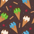 Seamless vector pattern of Ice Cream. Balls of different colors of melting ice cream in a waffle cone. Dark chocolate, straws, Royalty Free Stock Photo