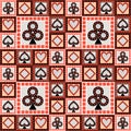 Seamless vector pattern with icons of playing cards. Bright red and black asymmetrical geometric background