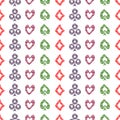 Seamless vector pattern with icons of playings cards. Background with colorful hand drawn ornamental symbols on white. Royalty Free Stock Photo